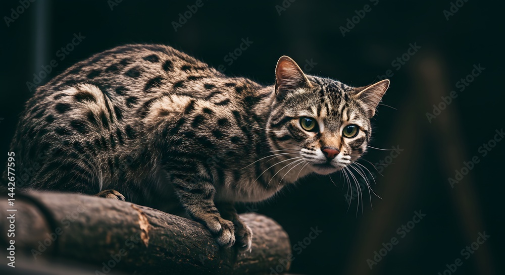 Spotted Cat Perched on Log Looking Intently