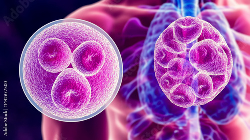 Microscopic view of early embryonic development showcasing cell division and differentiation stages.  A four-cell embryo is contrasted with a later stage of development.