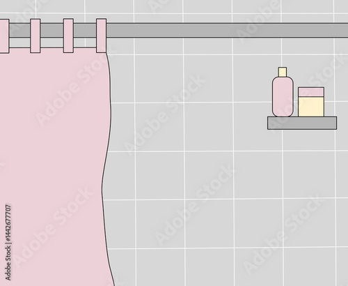 Pink shower curtain and beauty products on a shelf in modern bathroom, copy space