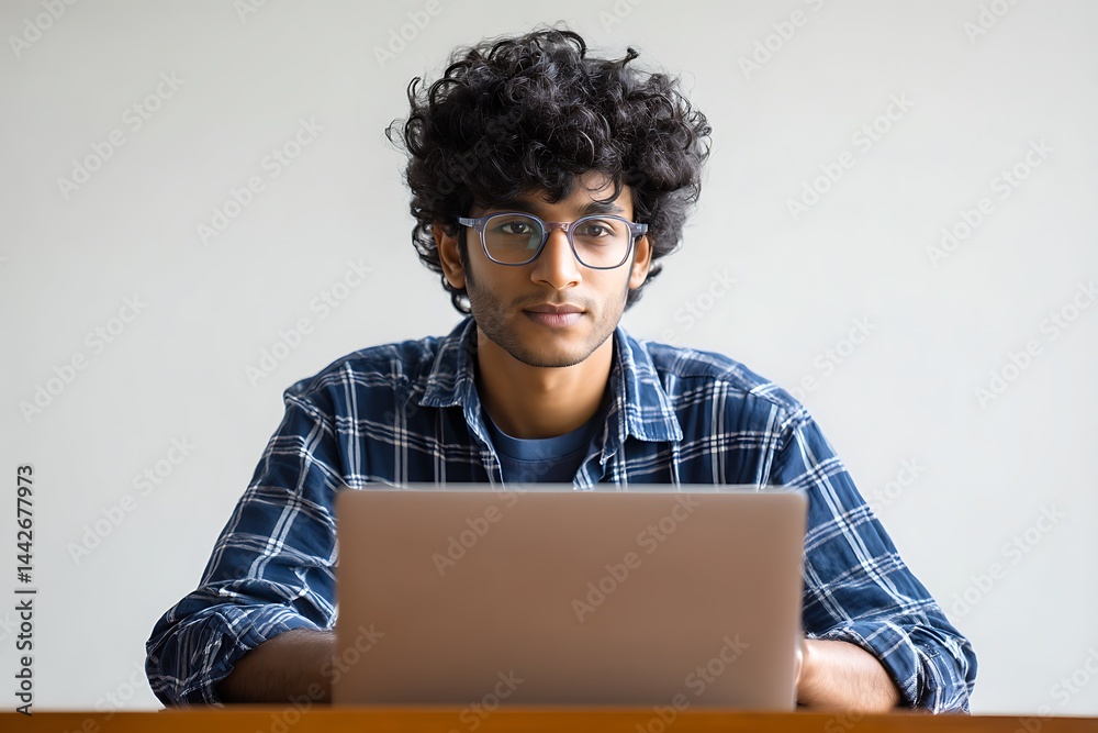 Focused Young Indian Man in Glasses Working on Laptop at Home Office Indoor Workspace Professional Environment