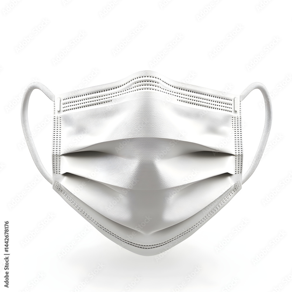 White surgical mask floating on white background
