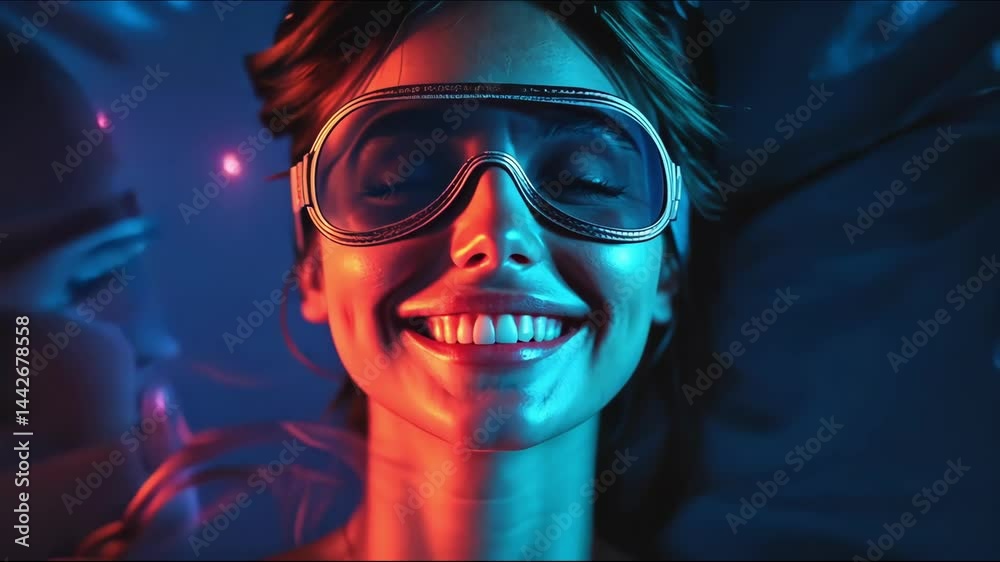 Person smiling with goggles in vibrant glowing colors Person smiling with goggles in vibrant glowing colors