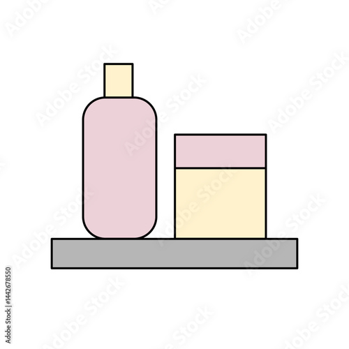 Shampoo and conditioner or cream bottles on shelf in shower, vector
