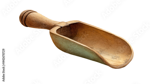 Vintage wooden scoop with a rounded handle and functional deep bowl for scooping grains, powders, and dry ingredients in rustic kitchen or bakery settings