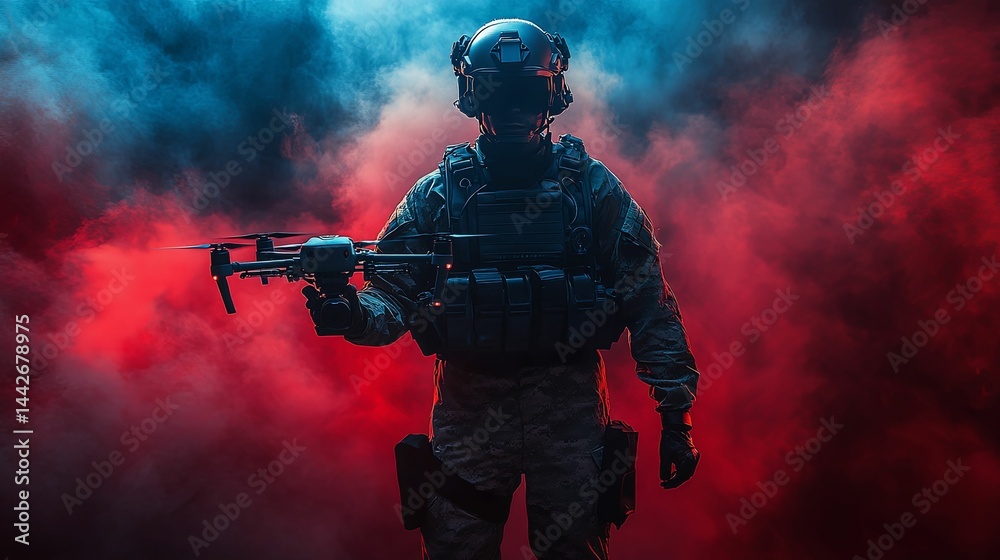 Military operative with drone in dramatic lighting. Military operative with drone in dramatic lighting.