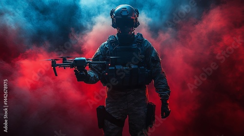 Military operative with drone in dramatic lighting.