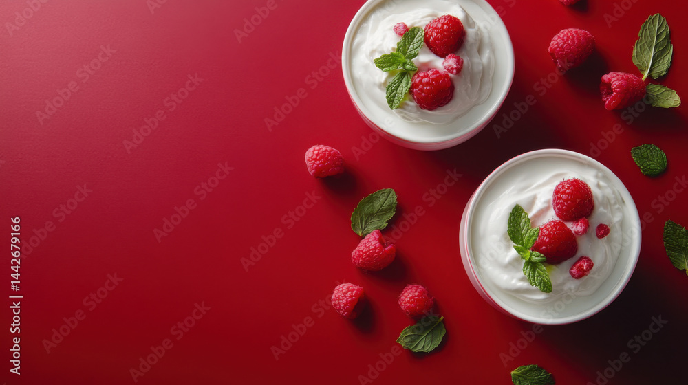 Two bowls of yogurt with raspberries and mint on a red background. The bowls are filled with a creamy white yogurt and topped with fresh raspberries and mint. Concept of freshness.