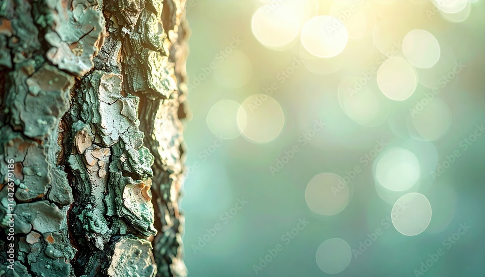 Fototapeta premium Close-up of tree bark with soft bokeh background in natural setting capturing textures and light play