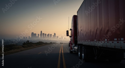 Wallpaper Mural A large truck drives on a road with a city skyline in background. Torontodigital.ca