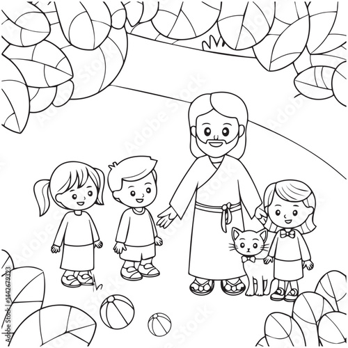Jesus with Children and Animals – Line Art Coloring Page