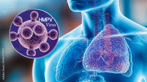 Microscopic view of HMPV virus alongside a human respiratory system rendering.  Illustrates the virus's impact on the lungs and airways.
