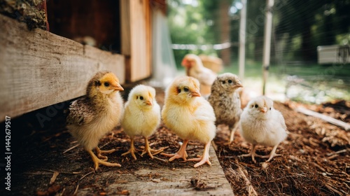 Cozy backyard microfarm featuring a handmade chicken coop, playful chicks exploring under sunny skies