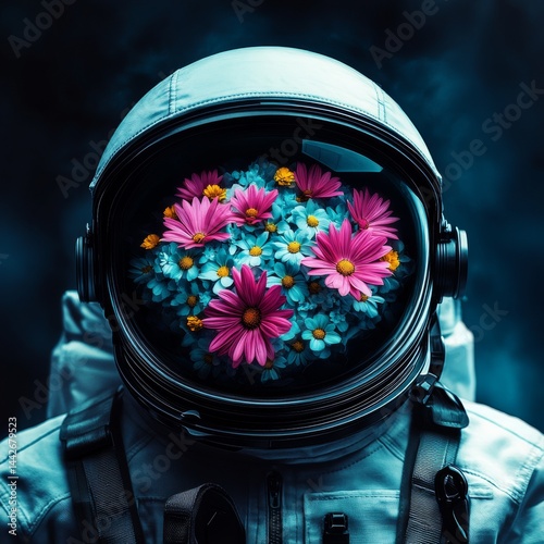 Surreal astronaut helmet blooming with neon daisies