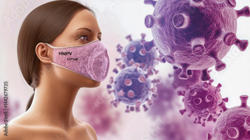 An illustration depicts a woman wearing a mask, showcasing HMPV virus particles.  The image highlights the microscopic nature of the virus and its potential for infection.