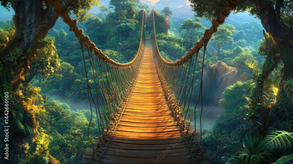 Fototapeta premium Jungle Rope Bridge Through Lush Canopy
