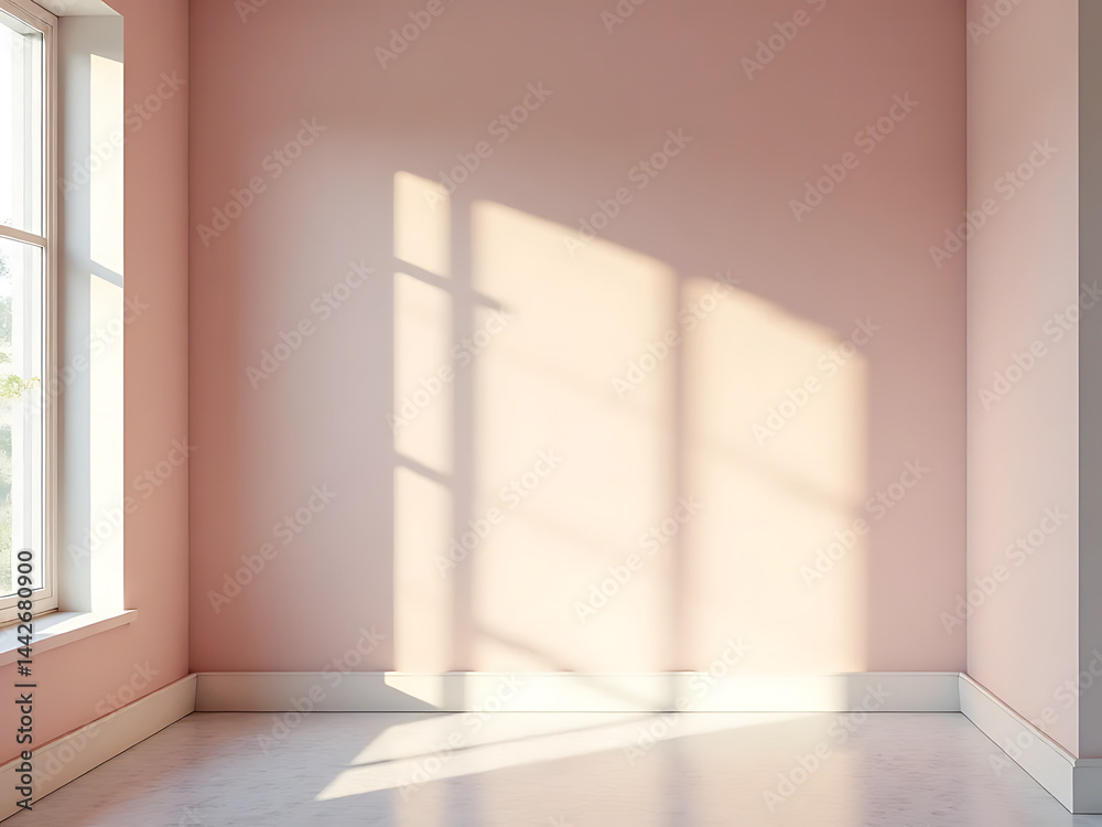 Fototapeta premium Natural light shadows on pink wall interior minimalist room tranquil ambiance bright view