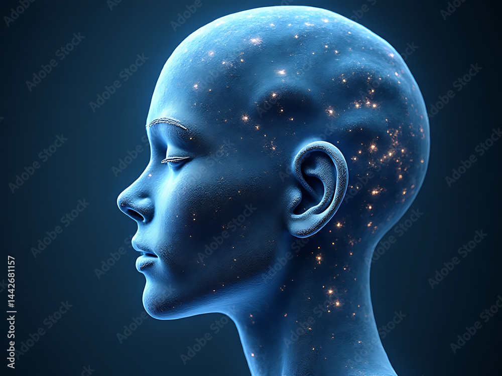 Obraz premium Exploring cosmic consciousness future human evolution digital art dark background profile view