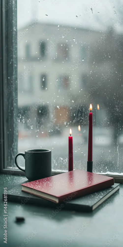 Home windowsill with books and a lit candle on a rainy day, background