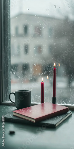Obraz na płótnie Home windowsill with books and a lit candle on a rainy day, background w salonie