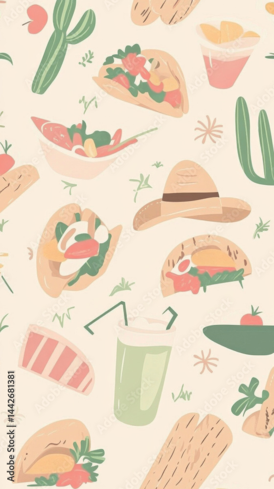 Cinco de Mayo Mexican food pattern with tacos, drinks, cactus background