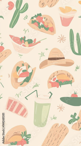 Obraz na płótnie Cinco de Mayo Mexican food pattern with tacos, drinks, cactus background w salonie