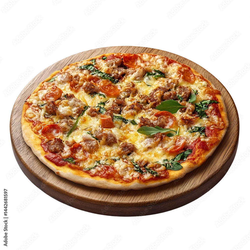 pizza on wood plate isolated on white background pizza on wood plate isolated on white background