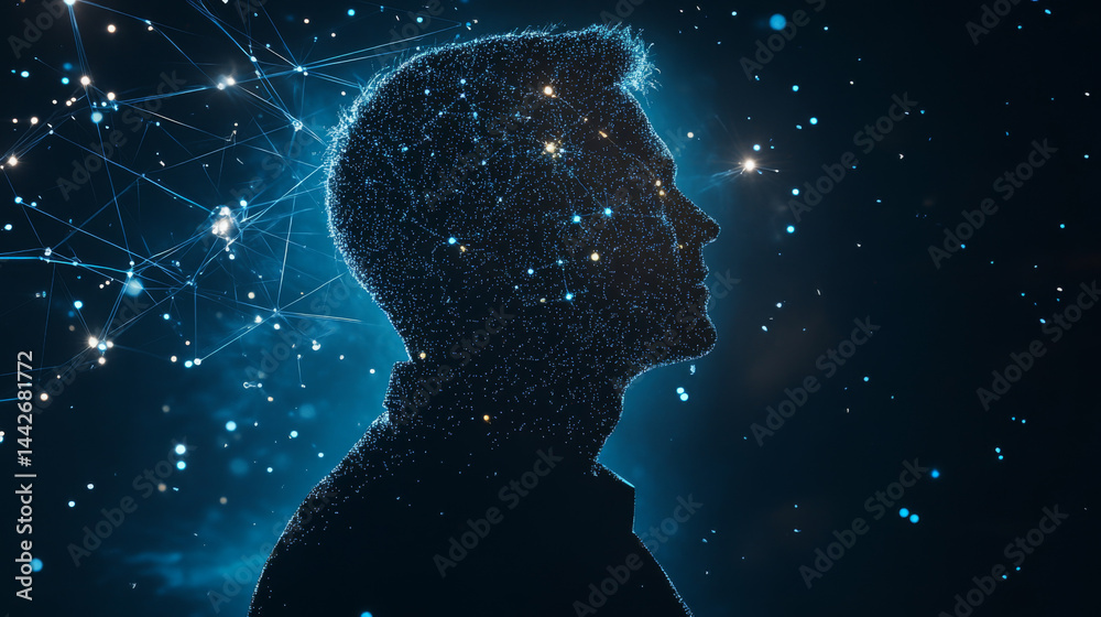 Double exposure of male medical researcher with network pattern