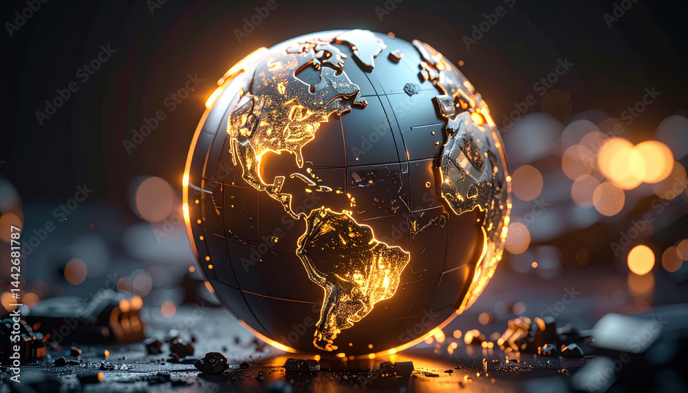 Glowing globe with illuminated continents highlights geodesy and earth science concepts in futuristic and detailed digital design