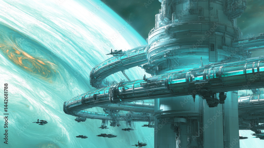Futuristic spacecraft approaching gas giant in deep space environment