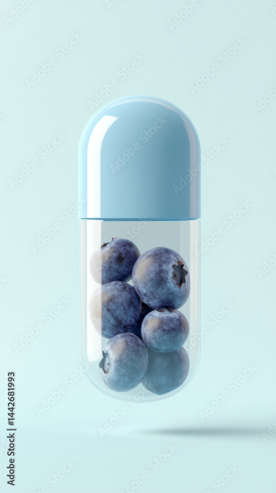 Blueberries in transparent capsule on light blue background