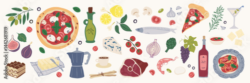 03Italian food doodle icons. Pizza, pasta, tomato, lemon, cheese, olive, wine vintage drawing.