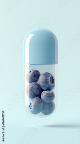 Obraz na płótnie Blueberries in transparent capsule on light blue background w salonie