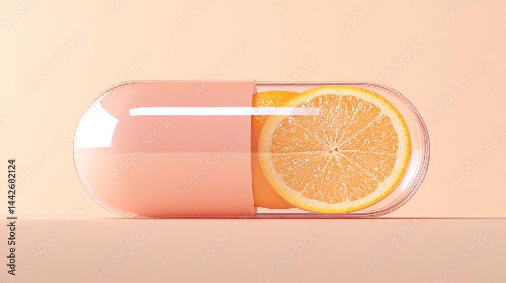 Orange pill with half orange slice on peach background