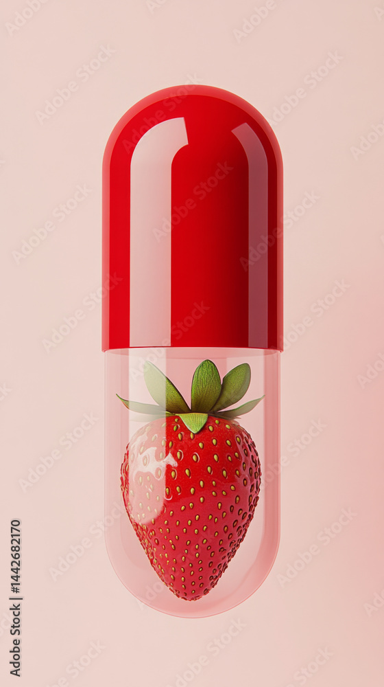 Strawberry capsule on pink background symbolizing health and wellness