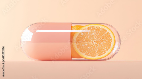 Obraz na płótnie Orange pill with half orange slice on peach background w salonie