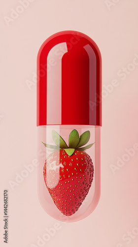 Obraz na płótnie Strawberry capsule on pink background symbolizing health and wellness w salonie