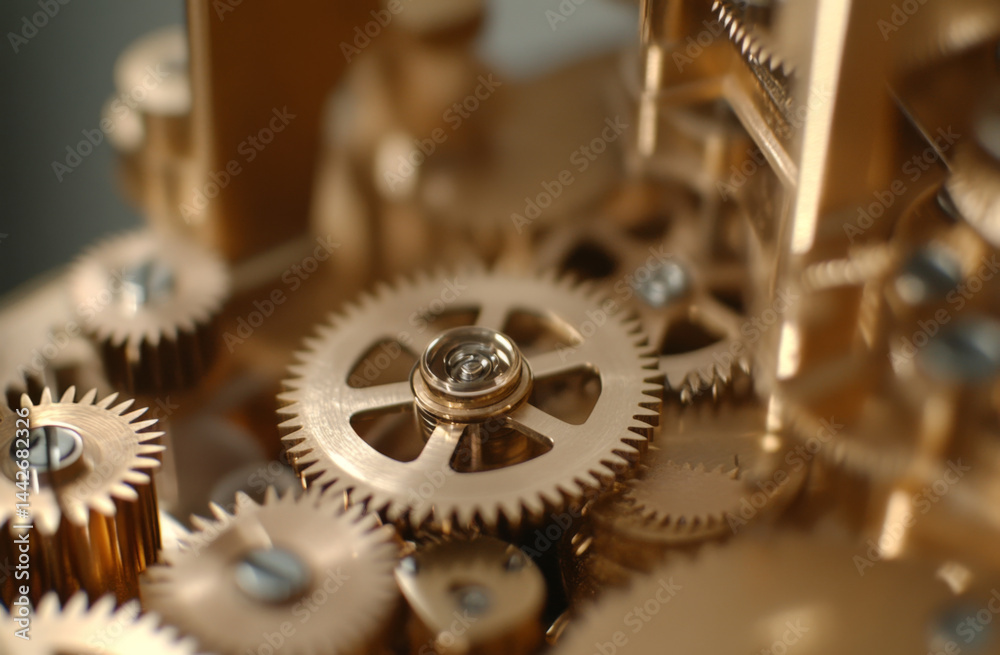 Close-up of intricate gold clockwork gears, suitable as a steampunk background