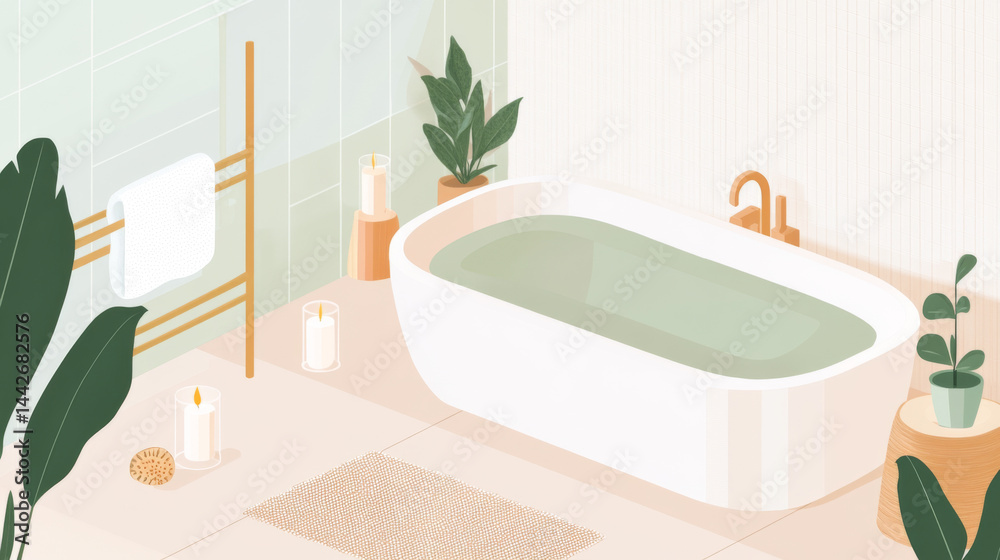 Self-care space illustration featuring modern bathtub and plants, concept background