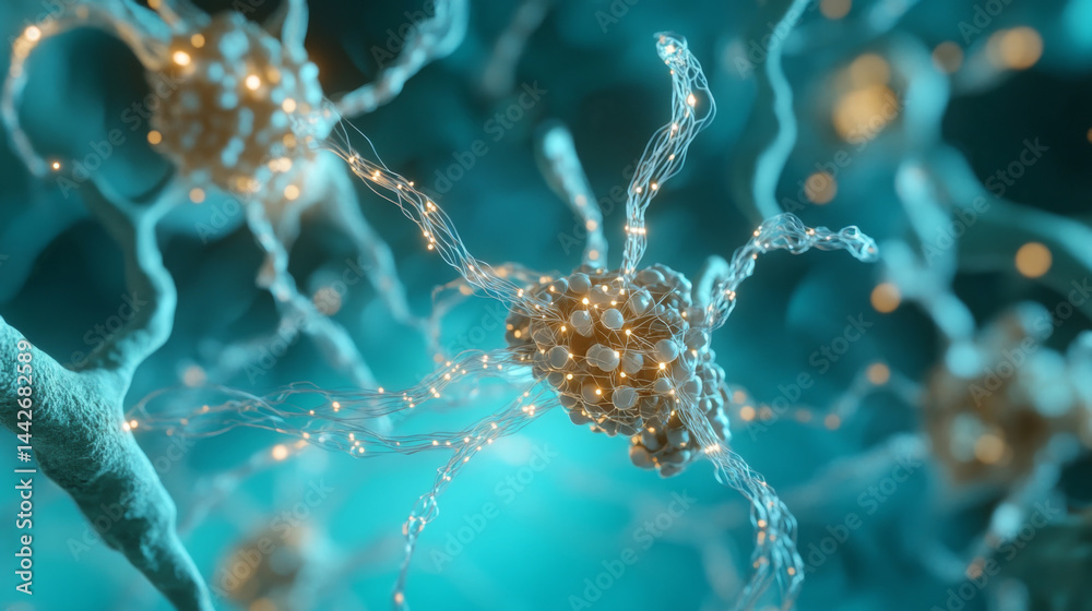 Network of neural connections with glowing nodes, abstract background