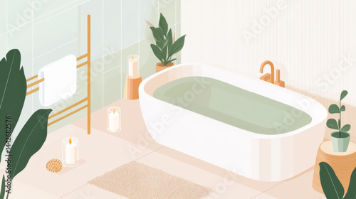 Self-care space illustration featuring modern bathtub and plants, concept background