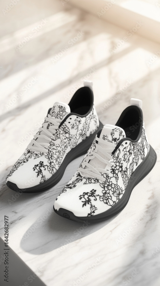 Stylish lace sneakers with monochrome design on marble surface, background