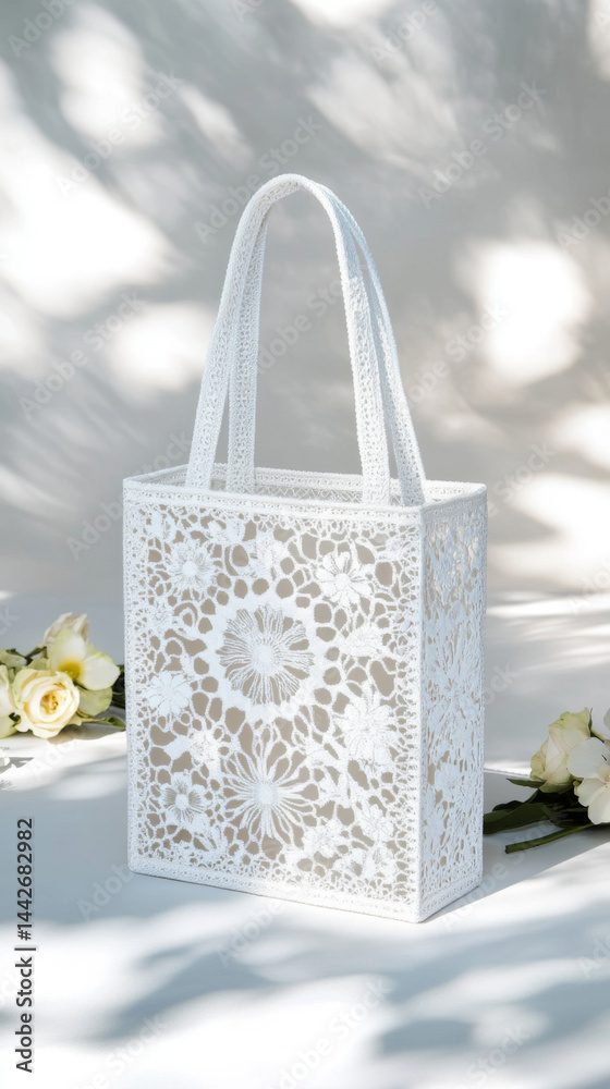 Minimalist lace tote bag in soft pastel hue with delicate floral pattern, background