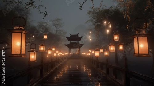 Halloween & Spooky: Phantom lantern parade, procession of floating antique lanterns, each glowing softly and containing a tiny spectral silhouette