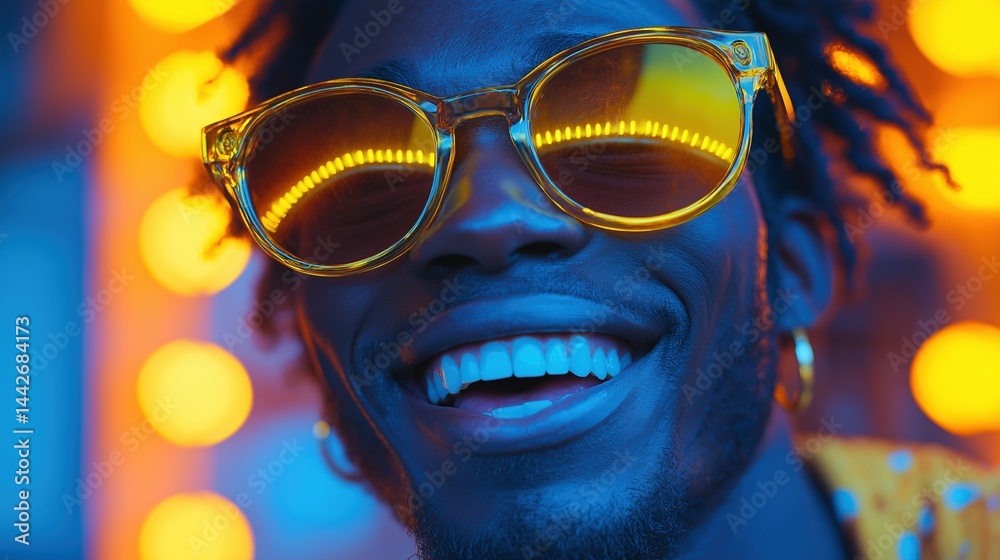 Bold and energetic closeup of black man smiling in bright yellow sunglasses portrait image. Upbeat party vibe close-up photography human scene. Nightlife mood concept photo-realistic