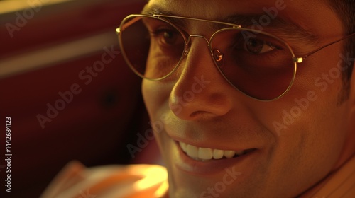 Retro portrait of man in aviator sunglasses sitting in warm golden light image closeup. Cinematic nostalgic atmosphere close-up photography human scene. Vintage concept photo-realistic