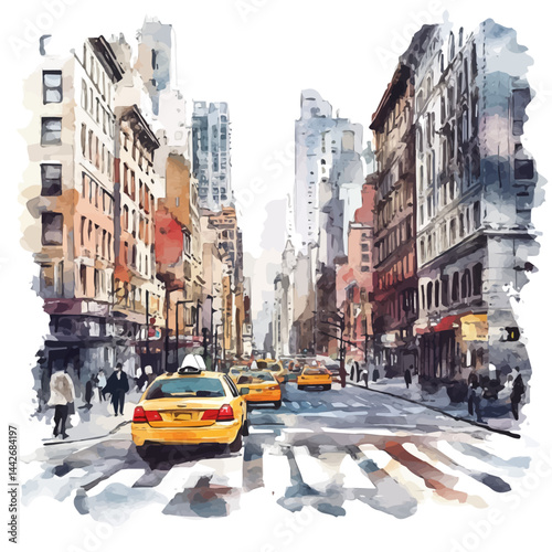 bustling city street, watercolor drawing, isolated on a white background. bustling city street vector.