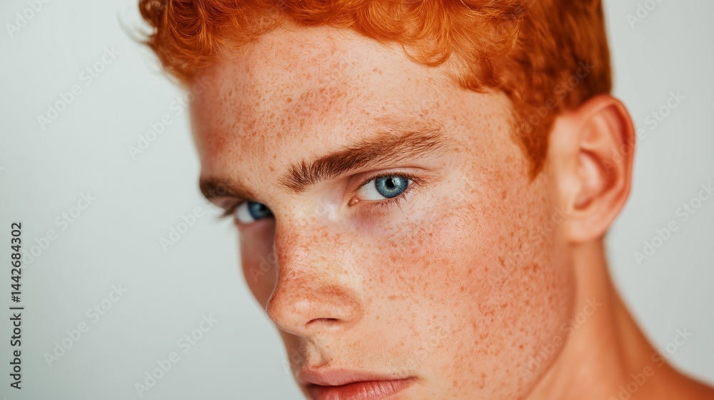 Freckled youth with piercing blue eyes portrait image closeup. Red-haired young man with freckles close-up photography human scene. Close face. Authentic look concept photo-realistic