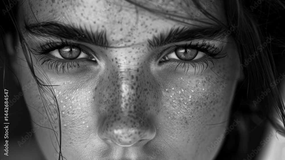Woman with delicate freckles and deep expressive stare black-and-white portrait image closeup. Freckled beauty monochrome close-up photography. Artistic female concept photo grayscale