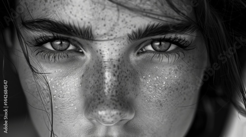 Obraz na płótnie Woman with delicate freckles and deep expressive stare black-and-white portrait image closeup. Freckled beauty monochrome close-up photography. Artistic female concept photo grayscale w salonie