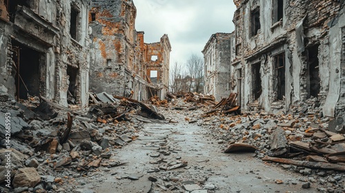 Fototapeta Naklejka Na Ścianę i Meble -  Urban ruins with crumbling walls and debris-strewn streets on white background